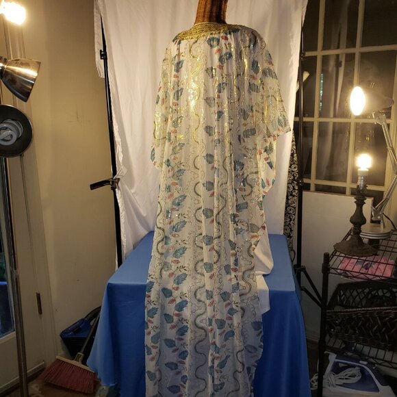Beaded White Silk Chiffon Caftan, One Size, White/Blue/Gold - Picture 6 of 8